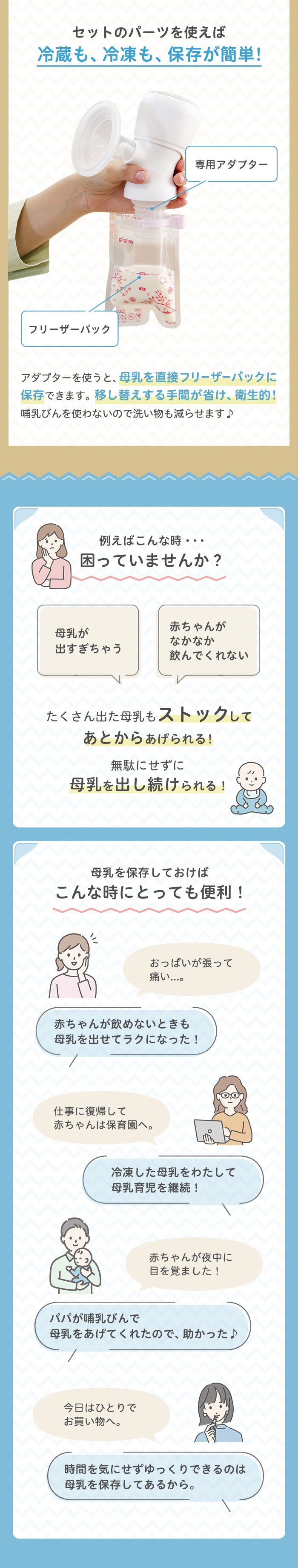 セットのパーツを使えば冷蔵も冷凍も保存が簡単。母乳を保存しておけばこんな時にとっても便利