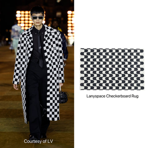 LV black checkered show and lanyspace black checkered rug