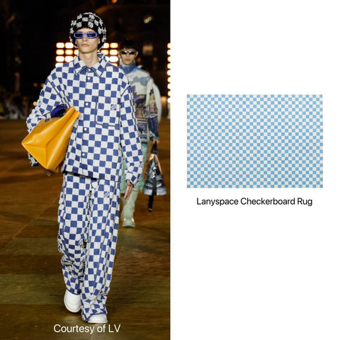 LV blue checkered show and lanyspace blue checkered rug