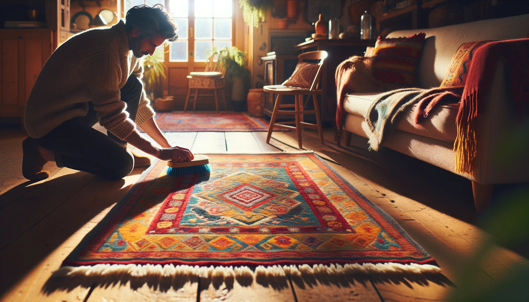 DALL·E 2024-02-28 15.40.36 - An indoor scene showcasing a person cleaning a small, woolen rug with care. The rug is laid out on the wooden floor of a brightly lit room, vibrant an.webp__PID:57642a09-8349-4320-b1f1-46e9239176bd