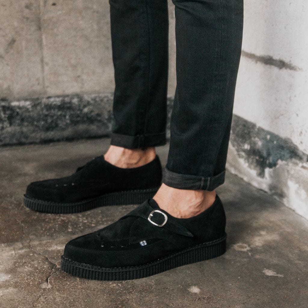 . Pointed Monk Buckle Brothel Creeper Black Suede – . Shoes
