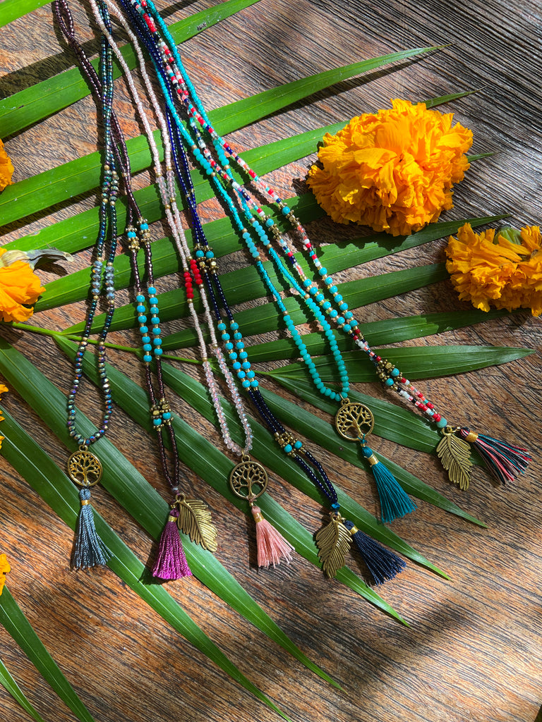 Boho Style Tree Tassel Charm Wooden Beaded Bracelet Handmade