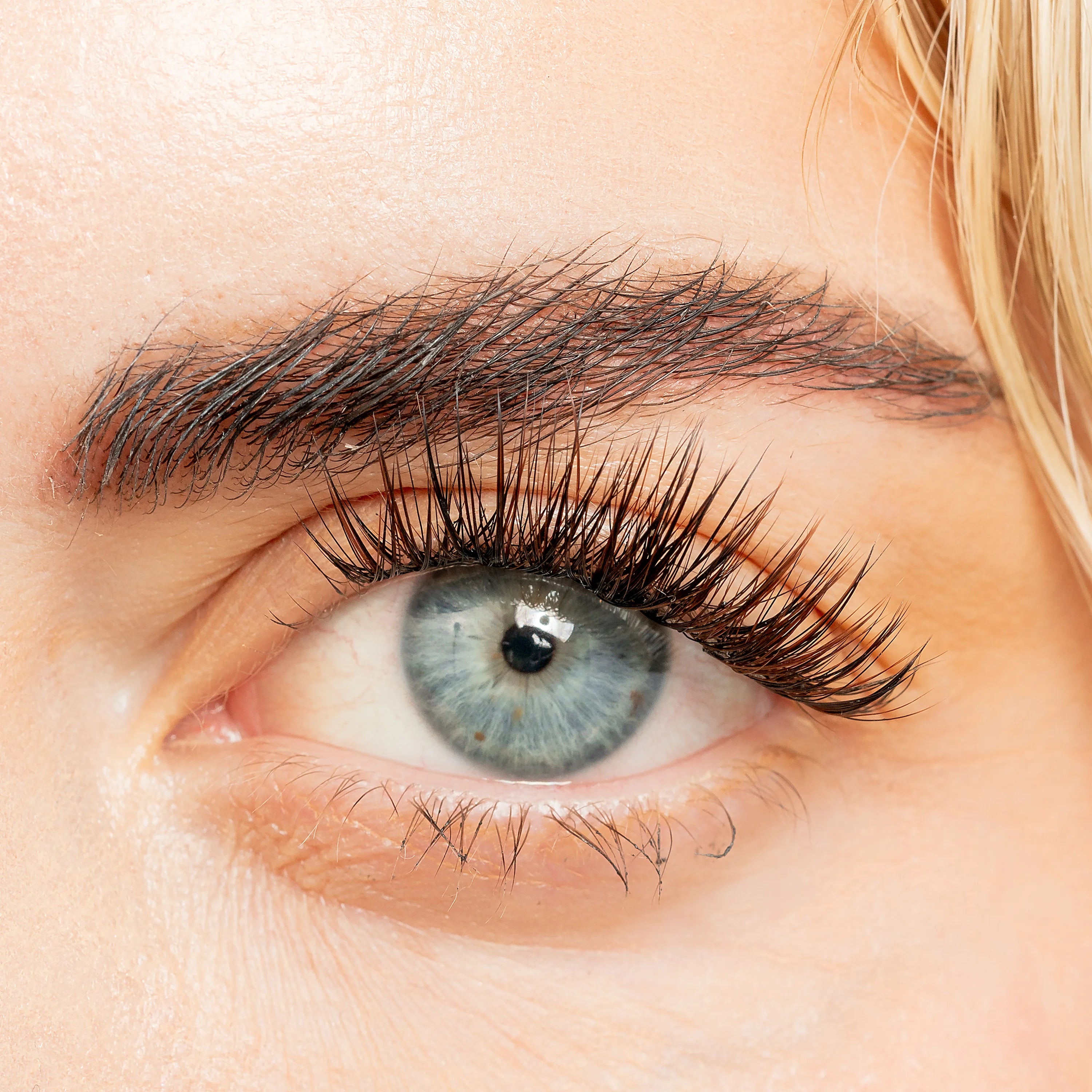 Subtle lash extensions on a close-up blue eye with a soft, natural curl and lightweight volume