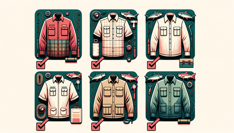Illustration of a checklist with images of five different fishing shirts next to tick marks. Each shirt is accompanied by a brief description highlighting its main features.