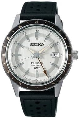 SEIKO Men's Grey Dial Black Leather Band Presage Automatic GMT Analog Watch