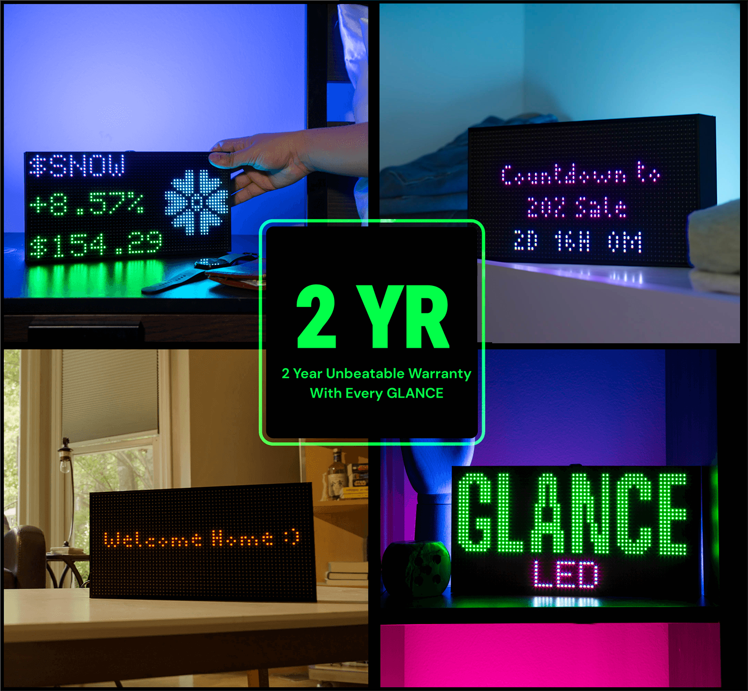 Collage of LED displays with different messages and a highlighted '2 Year Unbeatable Warranty' note.