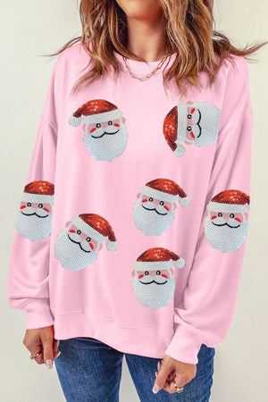 Sequin Santa Patch Round Neck Sweatshirt - Ginger Sisters Boutique