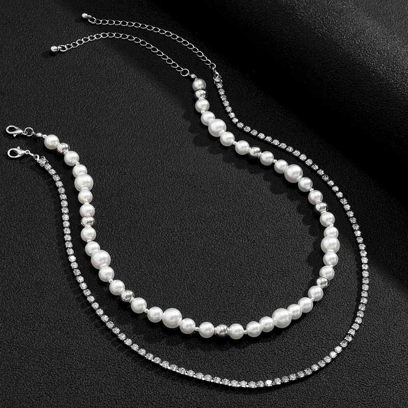 Punk Layered Pearl Beads Choker Necklaces Set for Men Women Shiny Rhinestone Chains Necklaces on The Neck Fashion Jewelry