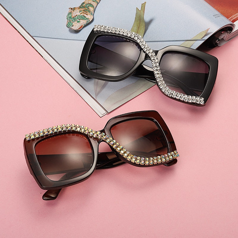 Luxury Vintage Oversize Sunglasses Unique One Piece Rhinestone Glasses