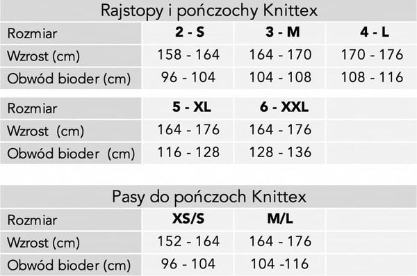 tabela rozmiarów rajstop i pończoch marki Knittex