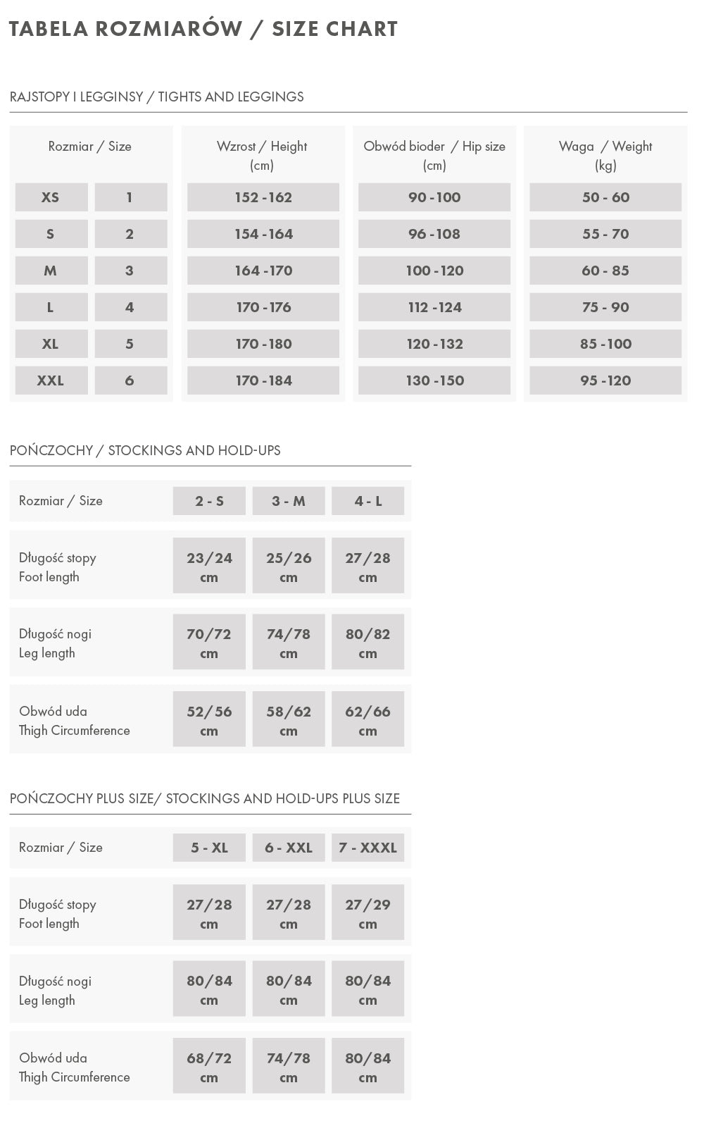 tabela rozmiarów pończoch i rajstop marki Fiore