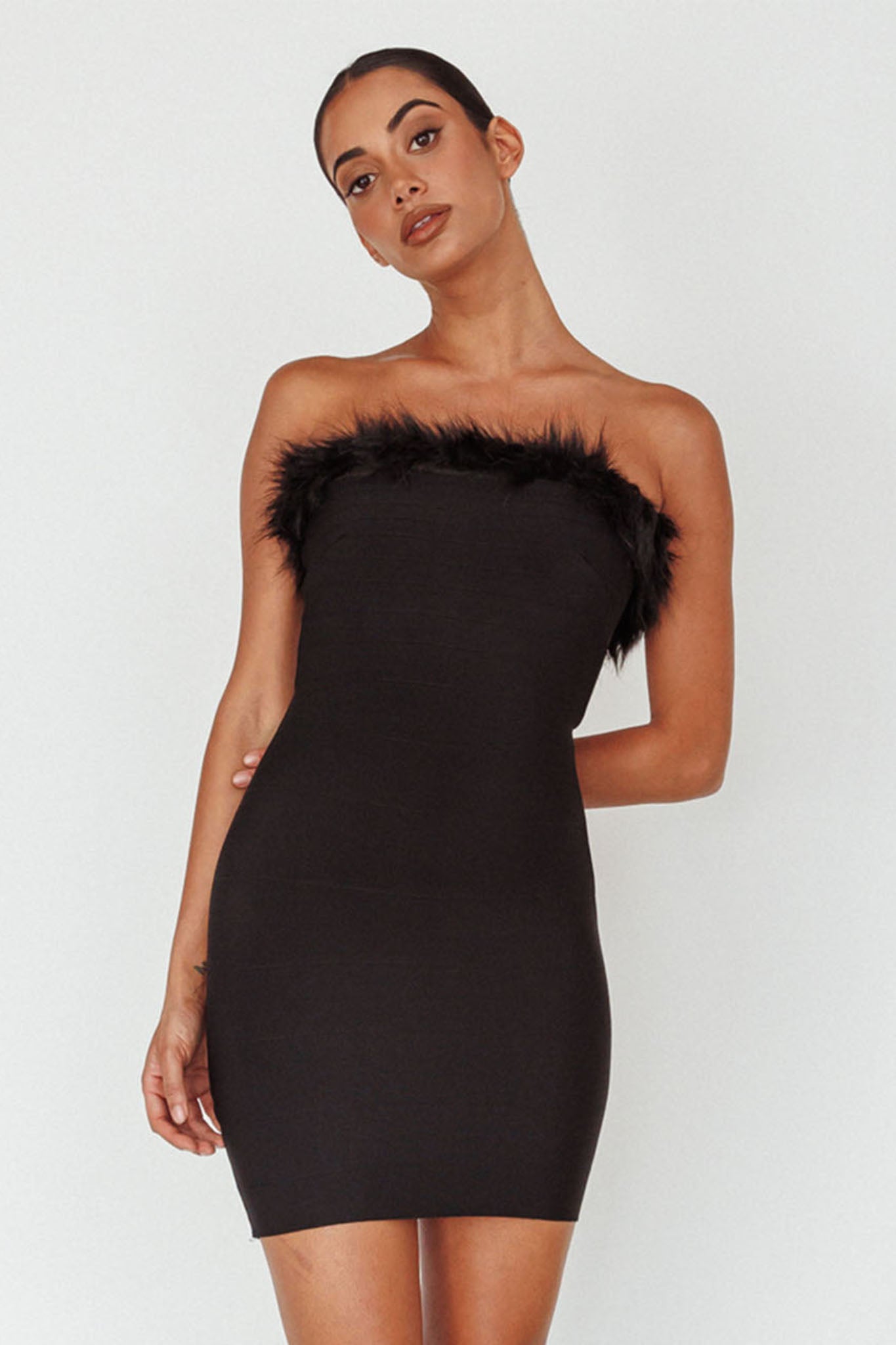 Shop the Cherri Fur Trim Mini Dress Electric Black | Selfie Leslie ...