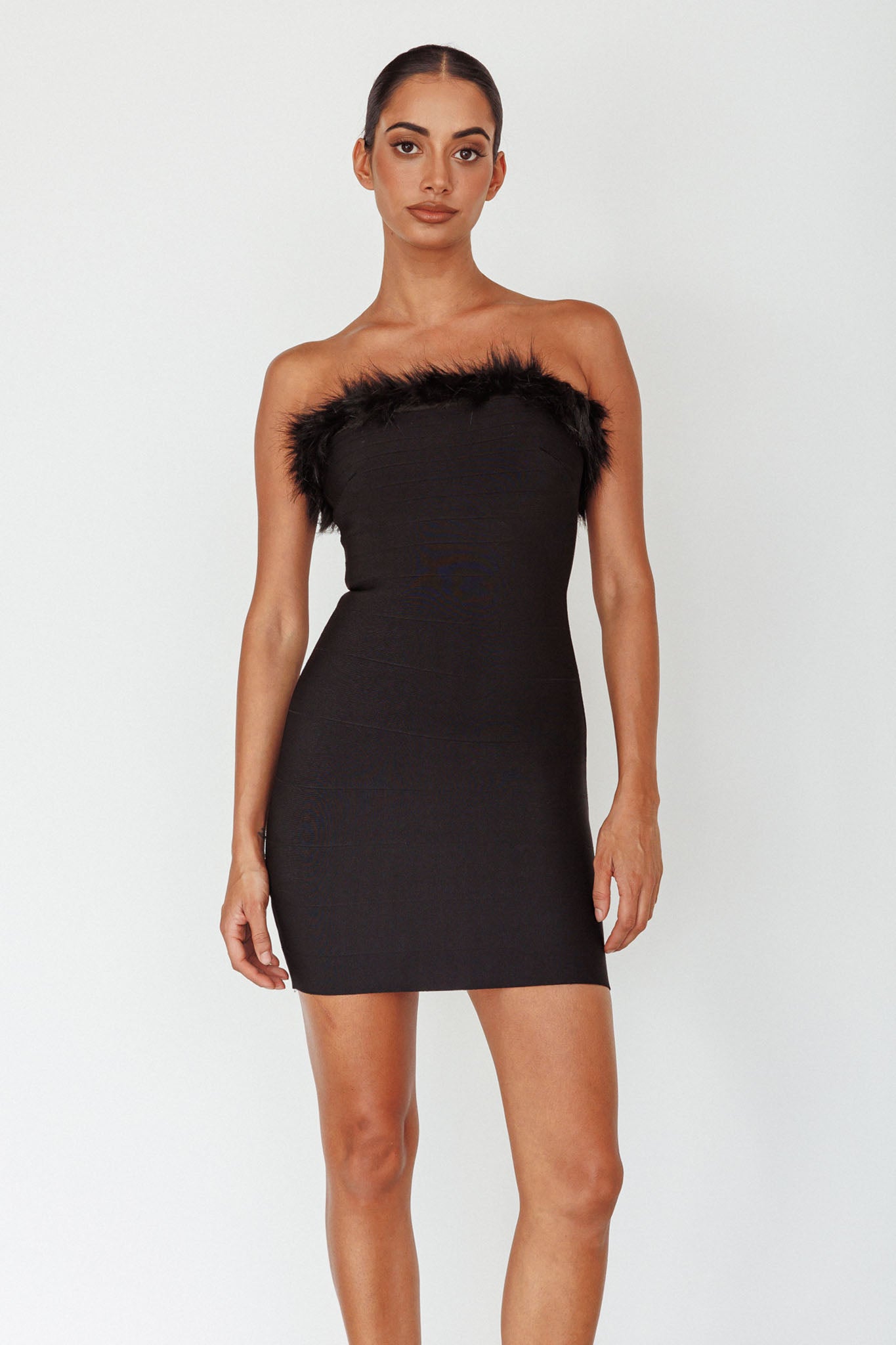 Shop the Cherri Fur Trim Mini Dress Electric Black | Selfie Leslie ...