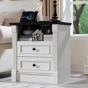 26" Nightstand with Charging, 23.6" Farmhouse Table Open Shelf & 2 Drawers - keestp