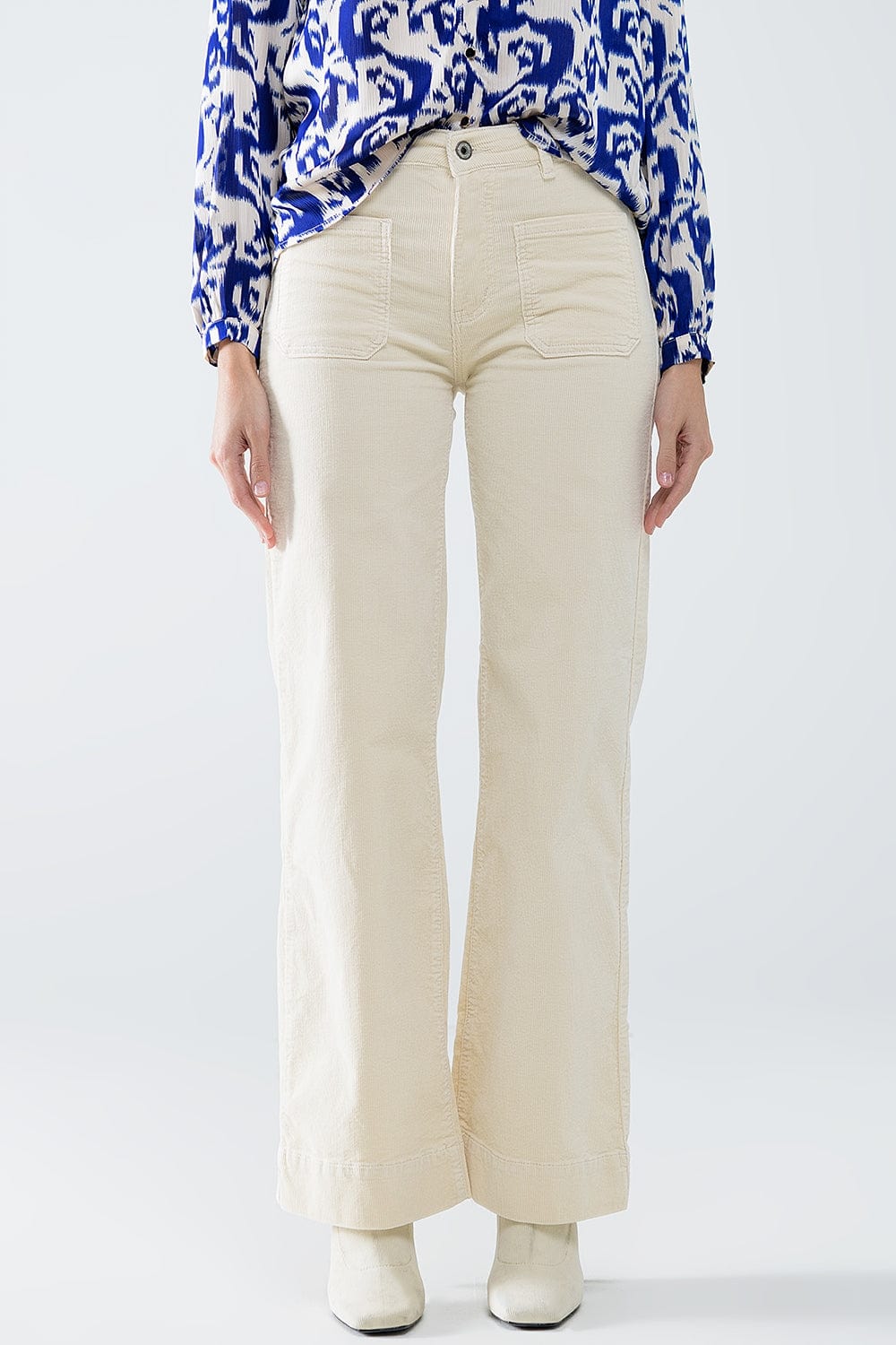 Straight Leg Corduroy Jeans In Ecru With Pockets