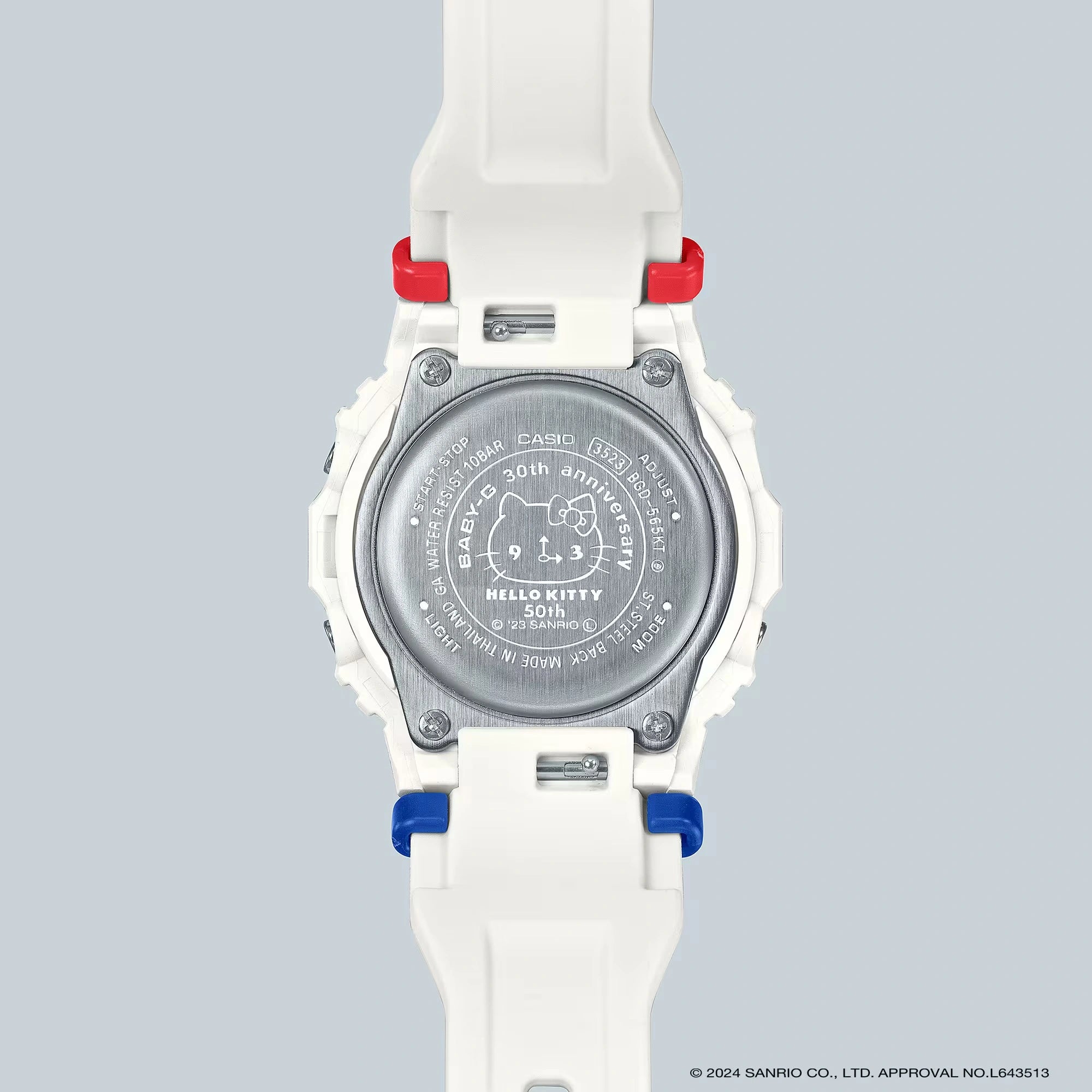 Back detail of Baby-G x Hello Kitty watch showing engraved Hello Kitty design with watch hands and numbers on her face.