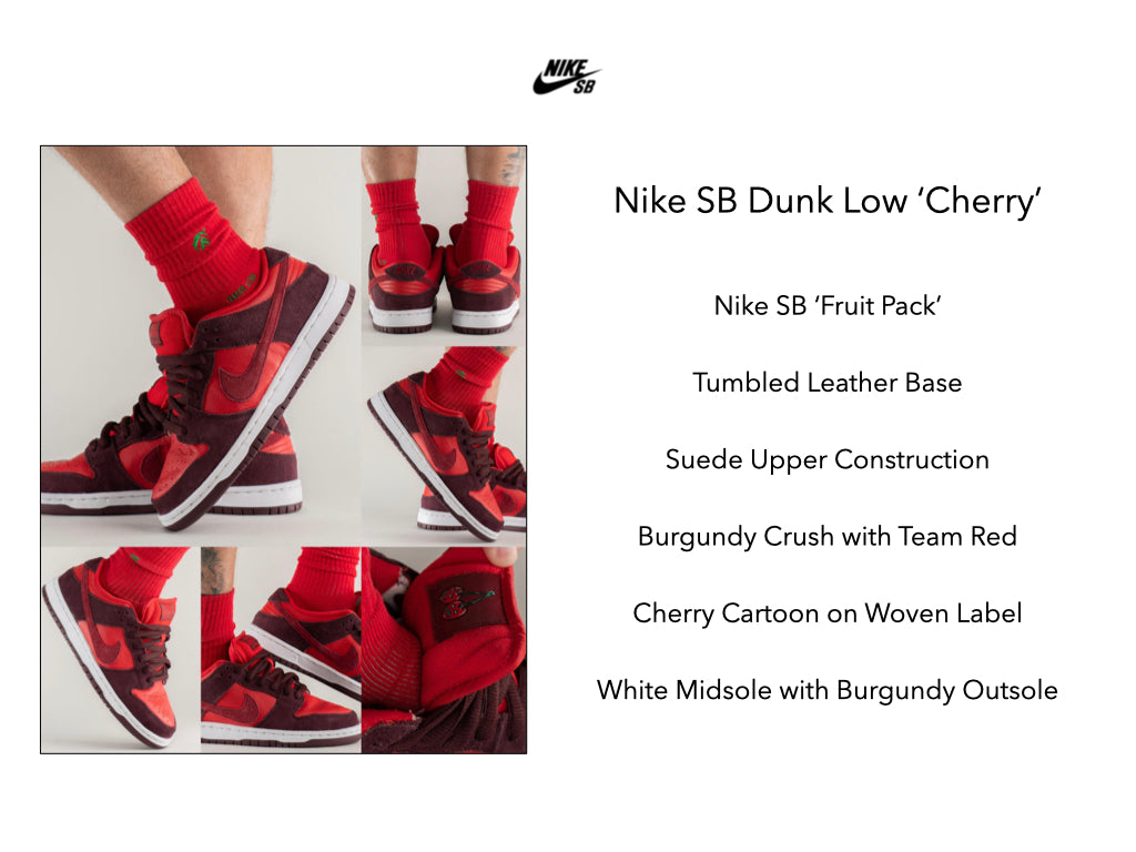 Nike SB Dunk Low Cherry. Nike SB Dunk Low Pro Cherries Skate Shoes.  DM0807-600. Nike Skateboarding Dunk Low Cherry Release.