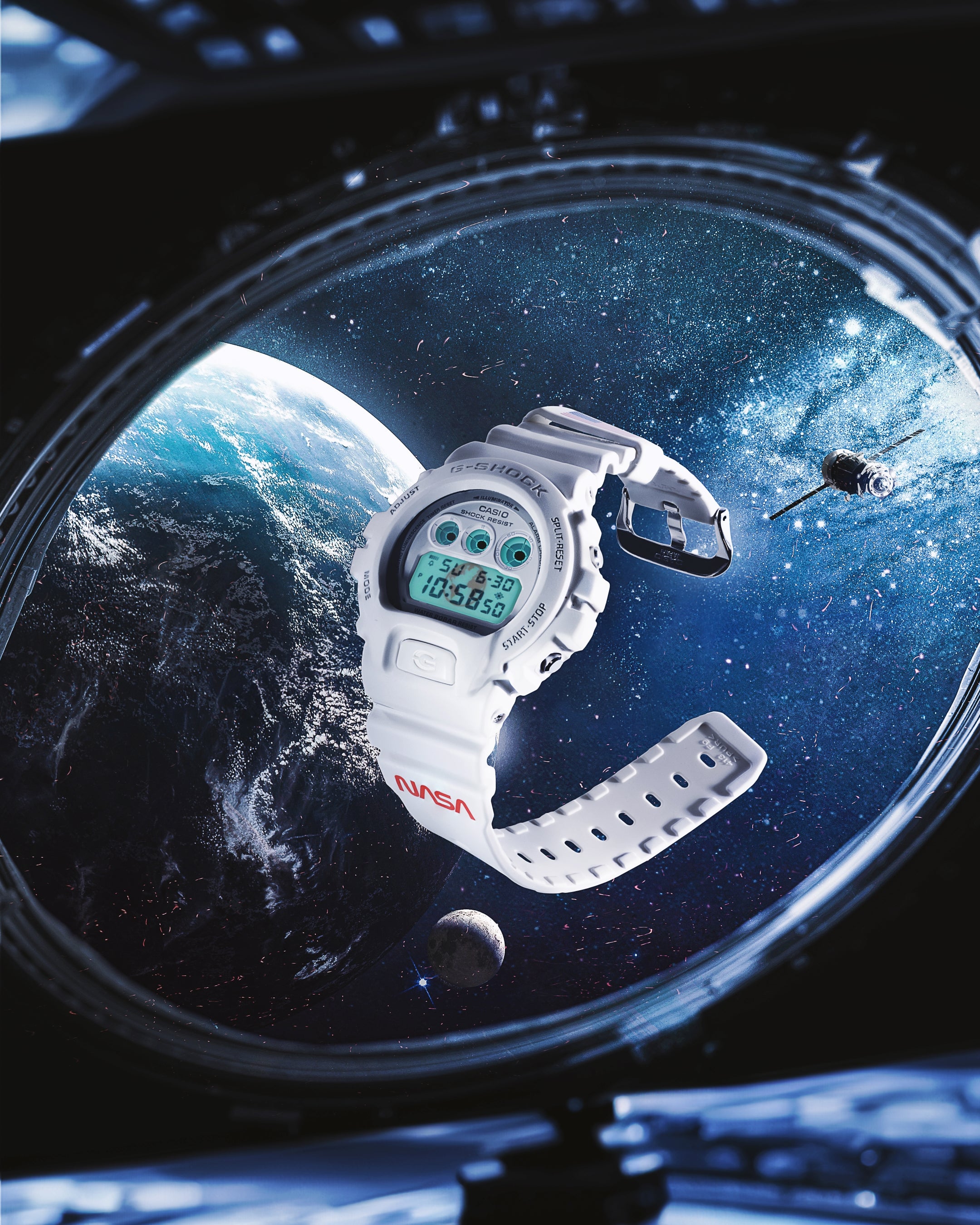 Image of the G-Shock DW6900NASA237 Digit Watch a tribute to NASA. The watch is features on a space shuttle in space. 