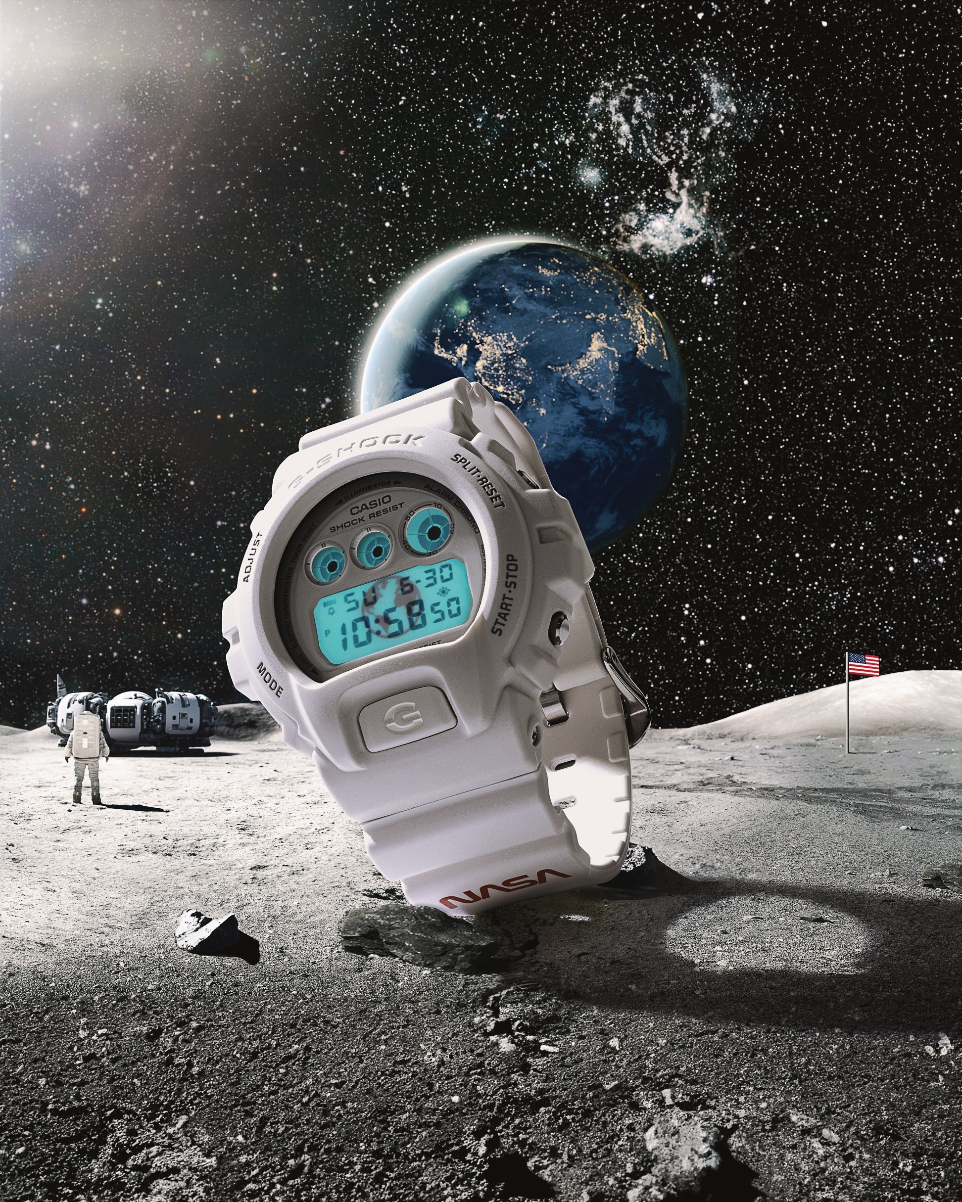 Image of the G-Shock DW6900NASA237 Digit Watch a tribute to NASA. The watch is featured on on the moon in outer space paying homage to the moon landing.