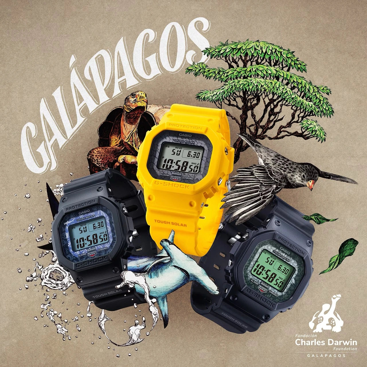 Digital image of yellow, navy, and black G-Shock x Charles Darwin Foundation watches with giant tortoises, hammerhead sharks, and Darwin's finches drawn in the background.