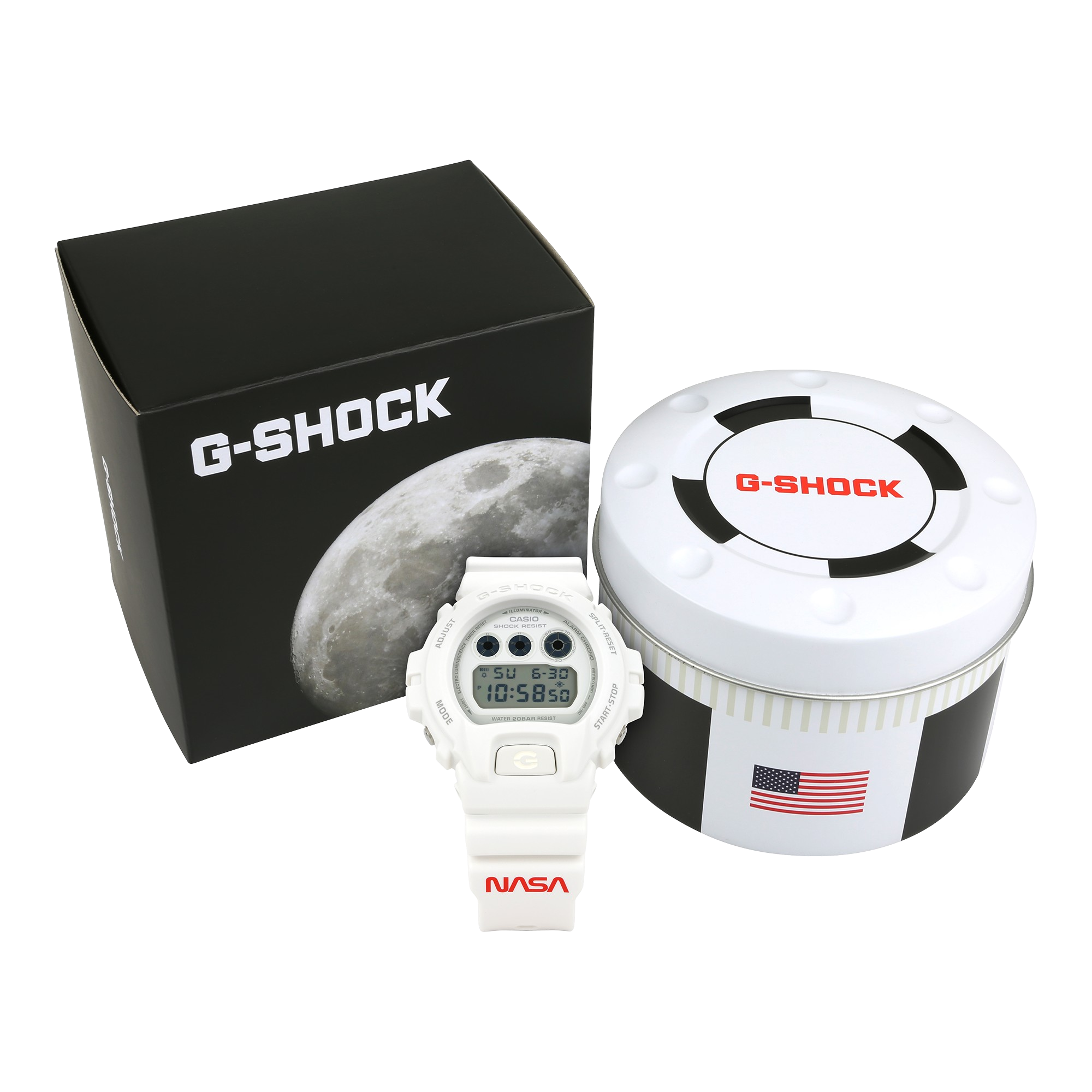 Image of the G-Shock DW6900NASA237 Digit Watch and the box it comes in, a tribute to NASA. 