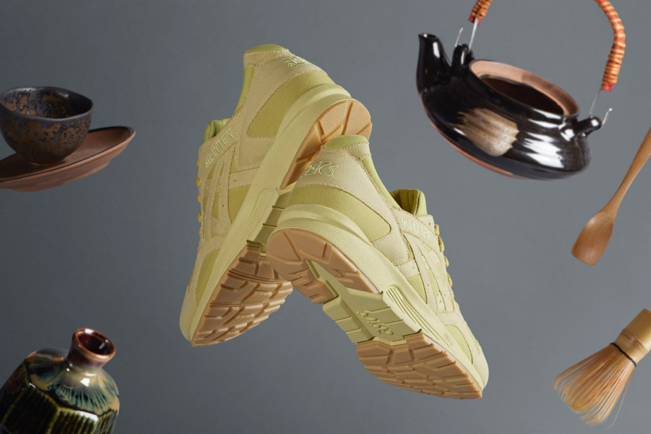 ASICS GEL-LYTE V OCHA ZOME sneaker in a vibrant Matcha Green colorway, showcasing its sustainable cotton upper and unique wavy midsole design inspired by the Japanese tea ceremony. Perfect for the eco-conscious sneaker enthusiast."