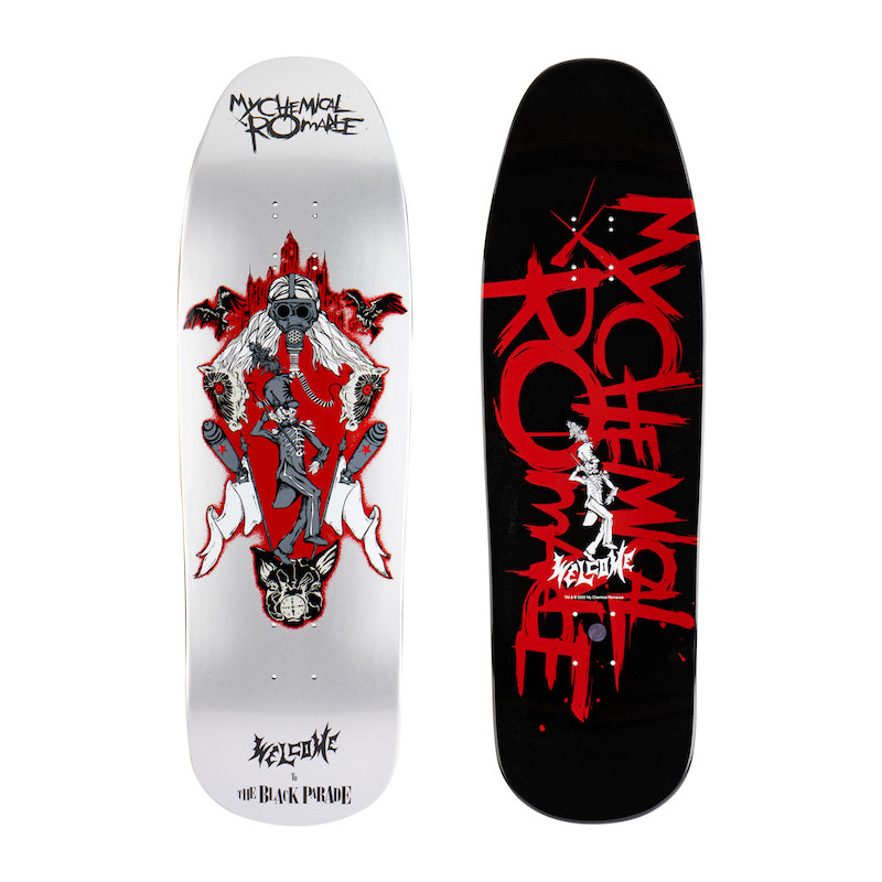 Welcome Skateboards x My Chemical Romance skateboard collection featuring four unique designs inspired by the band's iconic style. The graphics on the skate decks are bold and eye-catching, capturing the spirit of My Chemical Romance perfectly. Made with high-quality materials, including seven-ply Canadian maple, and available in a variety of sizes.