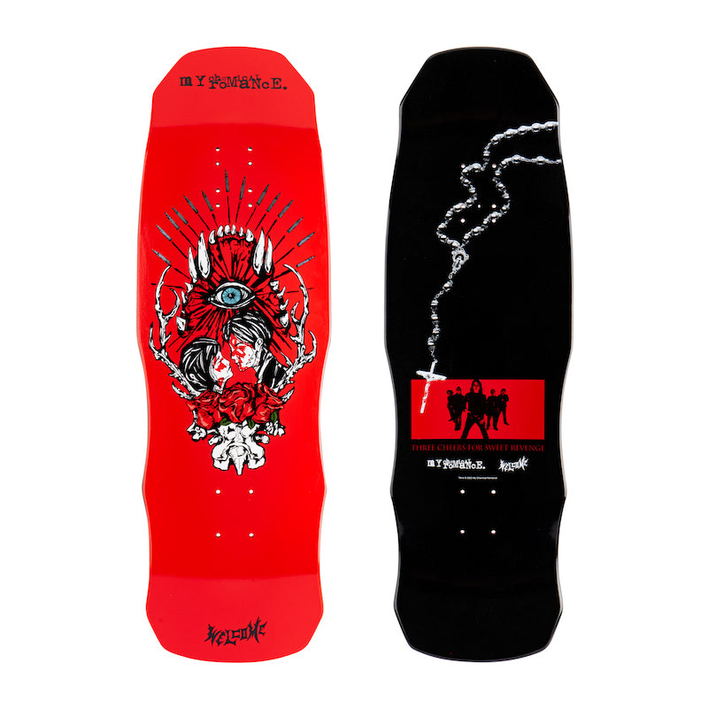 Welcome Skateboards x My Chemical Romance skateboard collection featuring four unique designs inspired by the band's iconic style. The graphics on the skate decks are bold and eye-catching, capturing the spirit of My Chemical Romance perfectly. Made with high-quality materials, including seven-ply Canadian maple, and available in a variety of sizes.