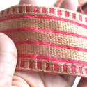 Red-ish Pink and Gold Horizontal lines Embroidered Sari Trim-Indian laces and Trims-Embroidered Laces and Trims