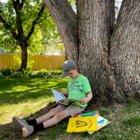 boy reading books under a tree.