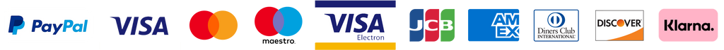 Paypal / Visa / Mastercard / Maestro / JCB / American Express / Diners Club / Discover / Visa Electron / Klarna 