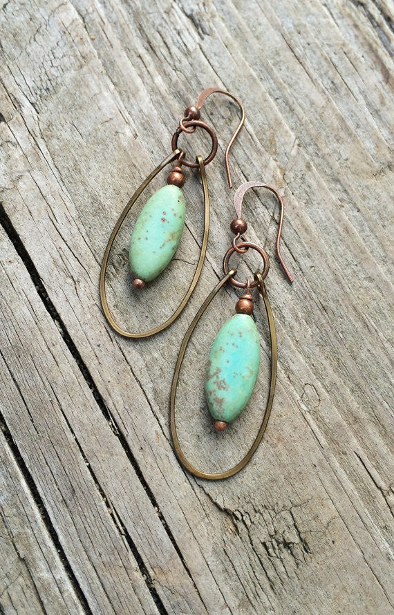 Green Turquoise and Copper Hammered Dangle Hoop Earrings – Rustica Jewelry