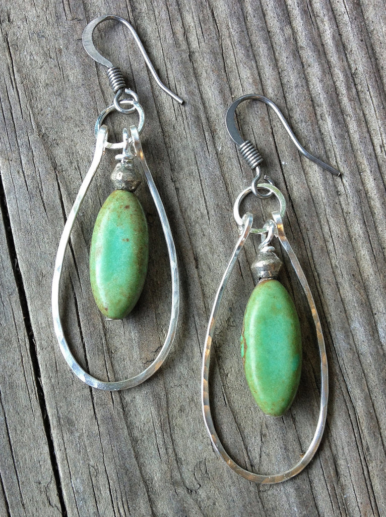 Green Turquoise Drop Earrings with Hammered Silver Hoops – Rustica Jewelry