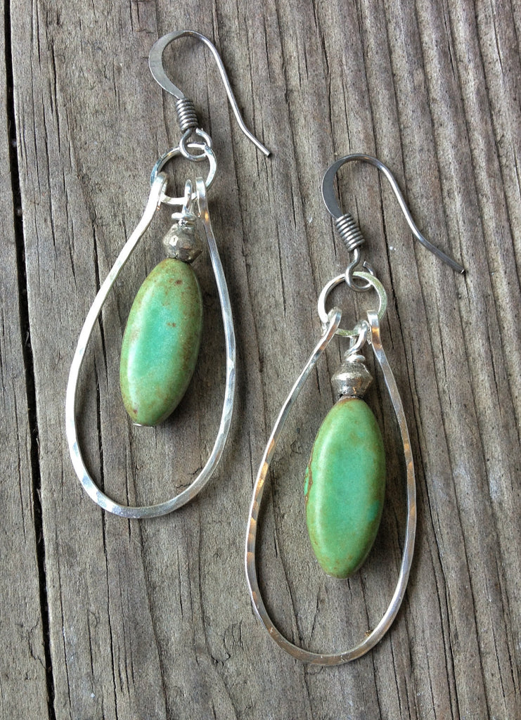 Green Turquoise Drop Earrings with Hammered Silver Hoops – Rustica Jewelry