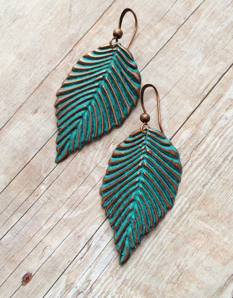Patina Copper Leaf Earrings, Bridesmaid Gift Jewelry – Rustica Jewelry