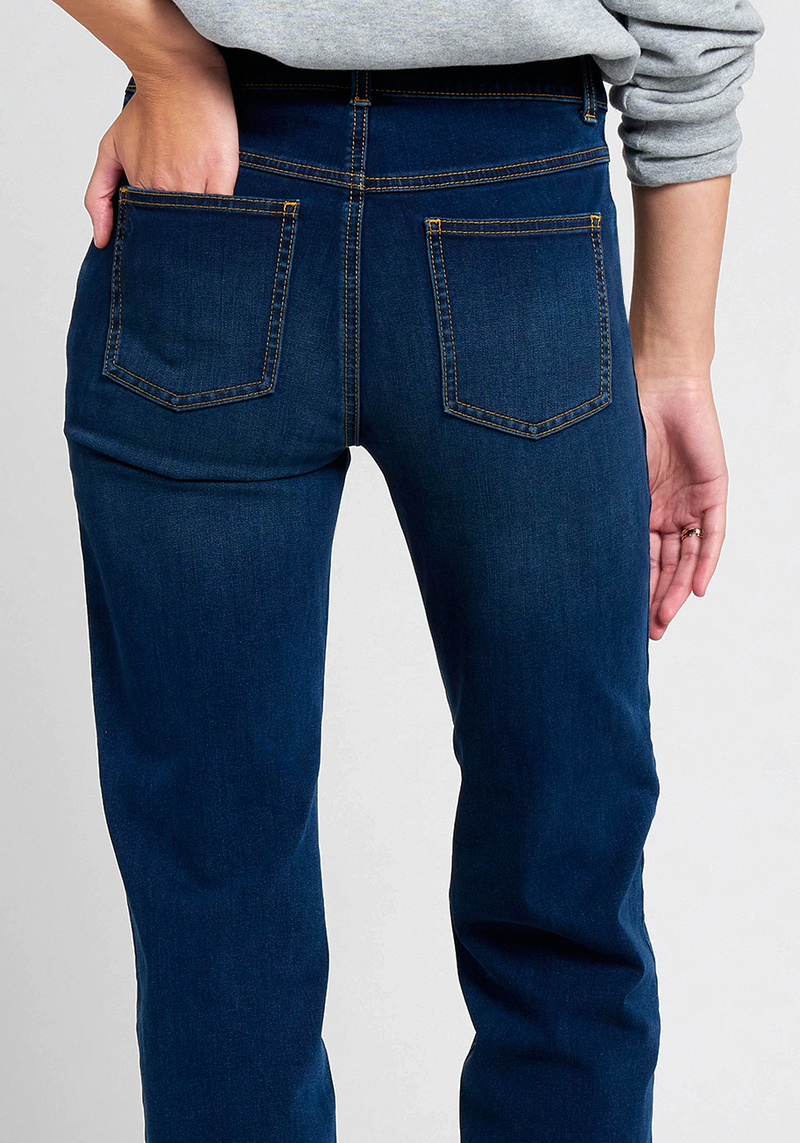 Betabrand Yoga Denim Classic Bootcut Pants in Dark Indigo XS Short