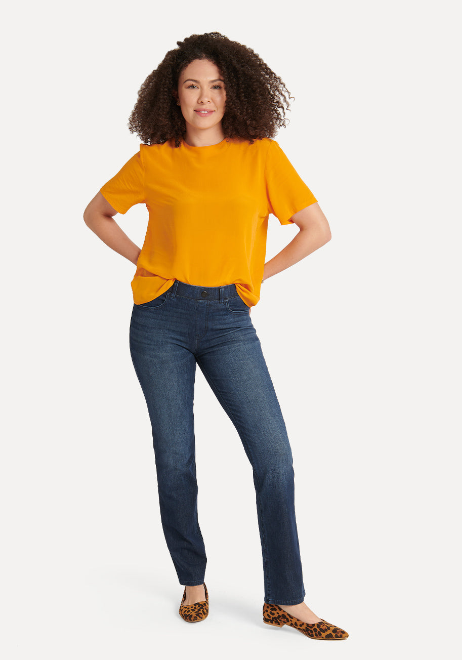 Betabrand Women's Yoga Denim Pants | Straight-Leg | 4-Pocket | Lightweight Vintage Blue | Size XL/Petite