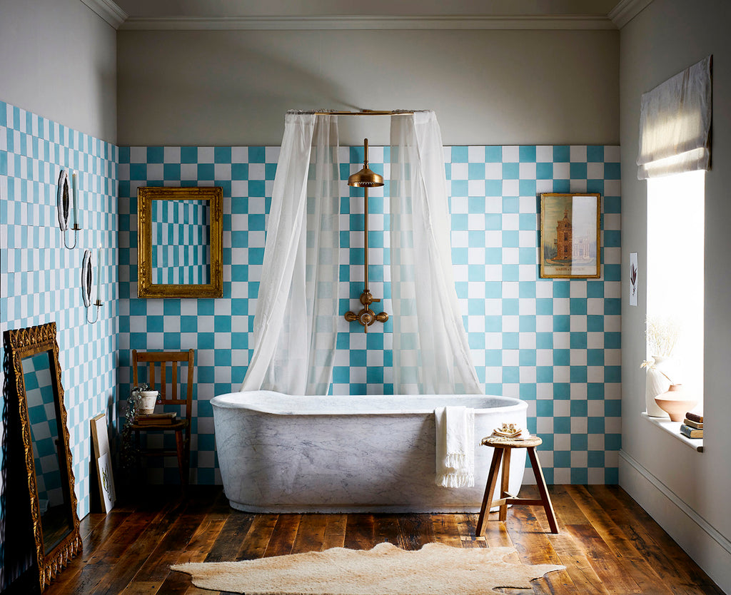 Brighton Stone Square bathroom wall tiles in Jade by Bert & May