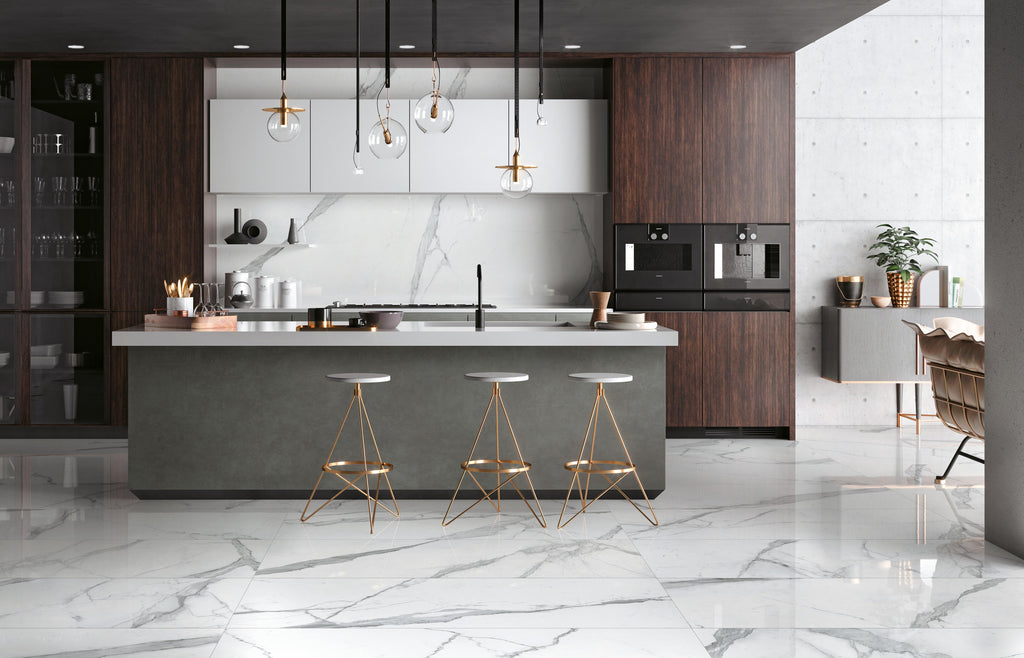 Minoli Cosmopolitan Statuario Tiles in a luxury house - tiles stocked by Hyperion Tiles