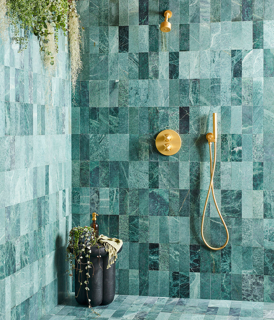 wet room ideas with green designer tiles from Bert & May