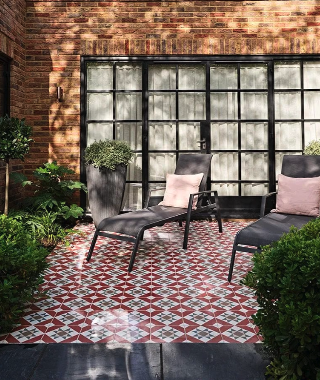 Elevate your patio with geometric patterns and our Brompton Porcelain Clarence outdoor tiles. Made form ultra-durable porcelain with a matt finish and an R10 slip rating, you can feel confident that these will stand up to all weathers and they look super-stylish too in this garden