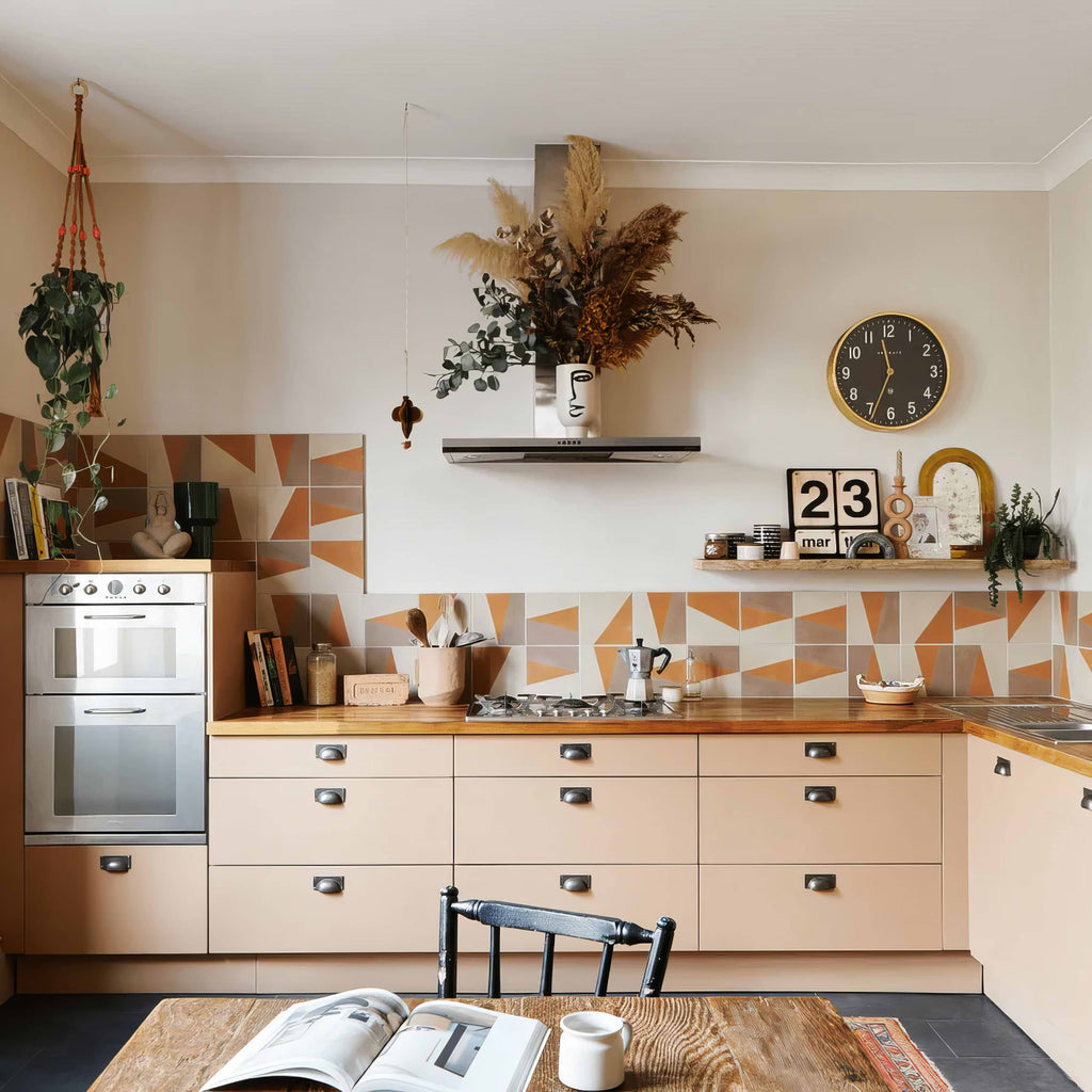 Neutral kitchen with open shelves and Angular tiles by Bert & May and stocked at Hyperion Tiles