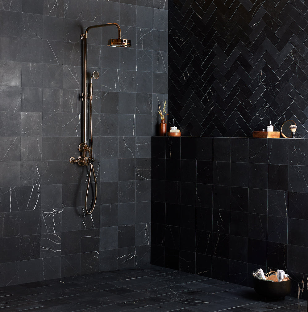 Black veined square honed marble and black herringbone honed marble tiles stocked by Hyperion Tiles
