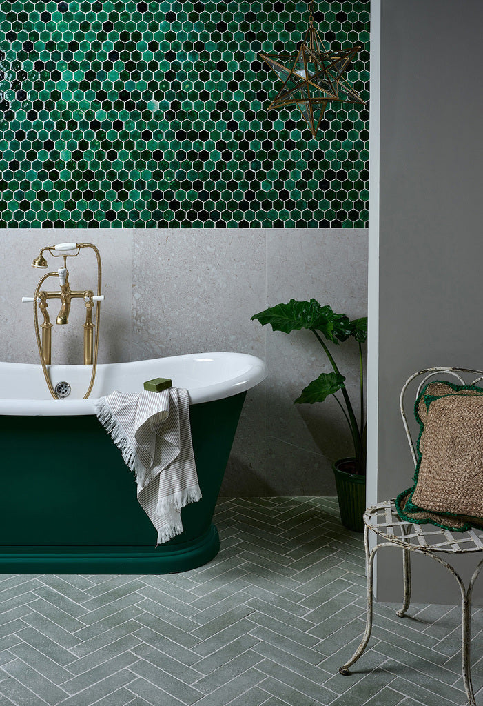 Ca Pietra Tisbury, Akazu Emerald and Reform Leaf Green tiles for small bathroom ideas