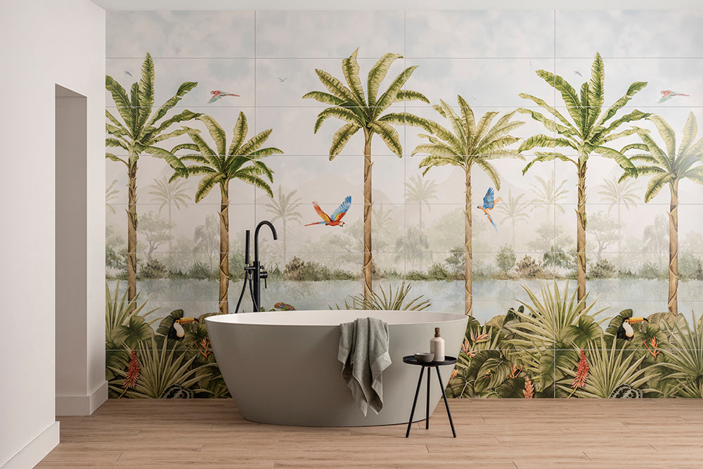 Original Style Living Murals Tropical Oasis with Alamo Natural Matt Wall Mural Tiles stocked by Hyperion Tiles