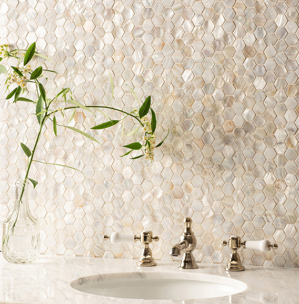 Original Style White Pearl Hexagon Mosaic Tiles stocked by Hyperion Tiles