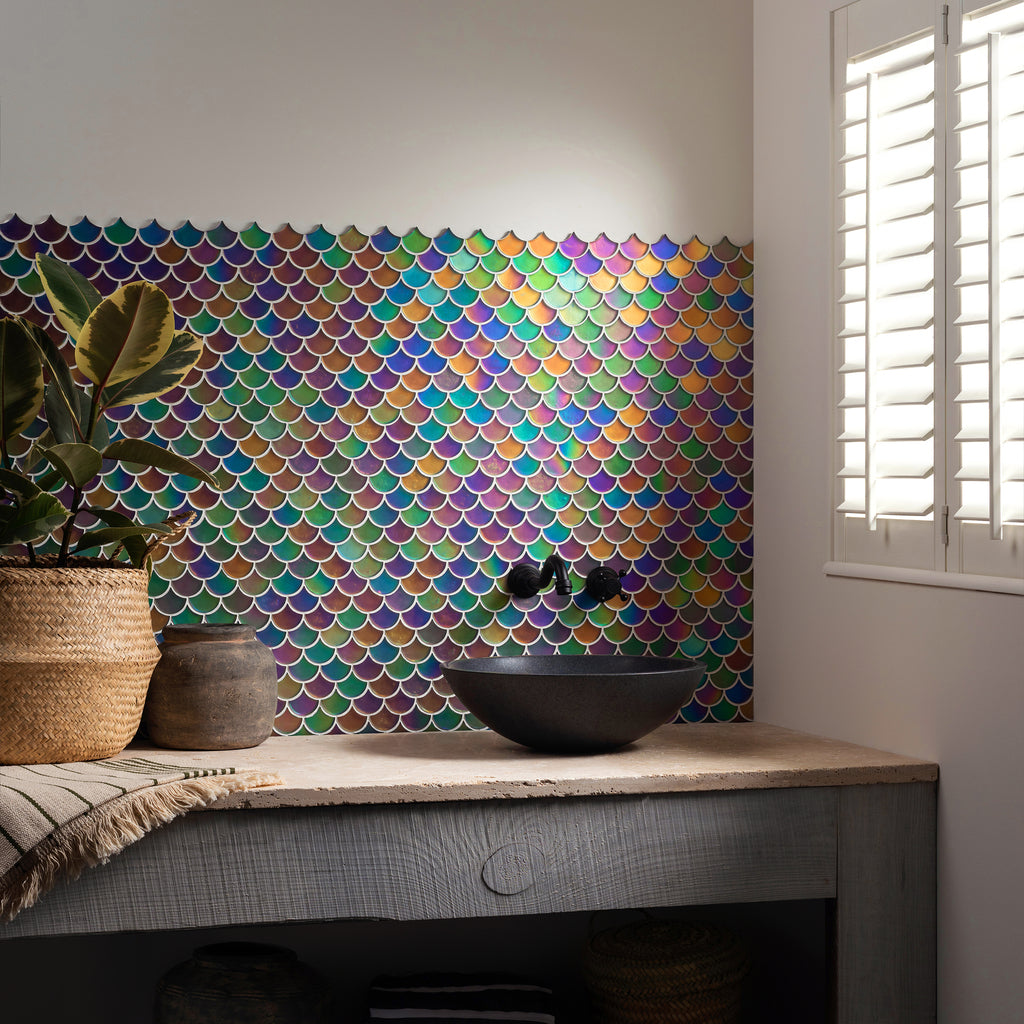 Original Style Aqua Scale Frosted Glass Mosaic Tiles  stocked by Hyperion Tiles