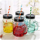 Multicolor Glass Fruity Mason Jar Resistant Mugs with Lid & Straw Juice Cup 480 ml