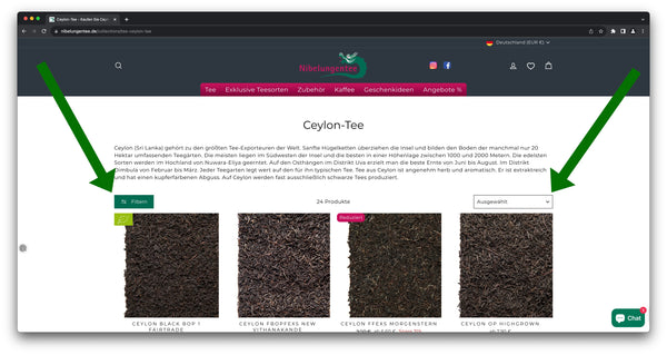 Screenshot von www.nibelungentee.de aus einer Kategorieseite (Beispielhaft Ceylon Tee)