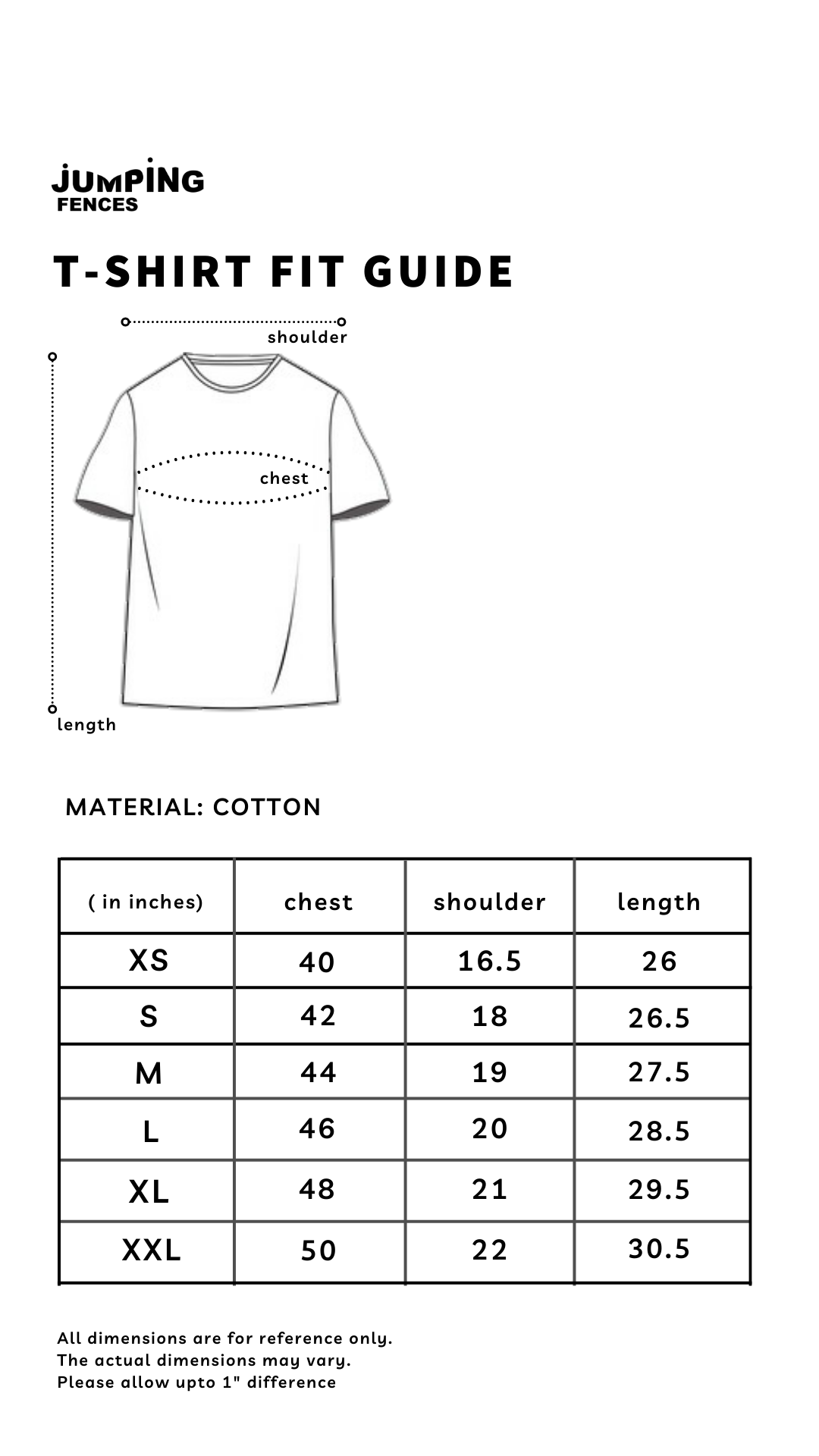 Jumping Fences T-shirt size guide
